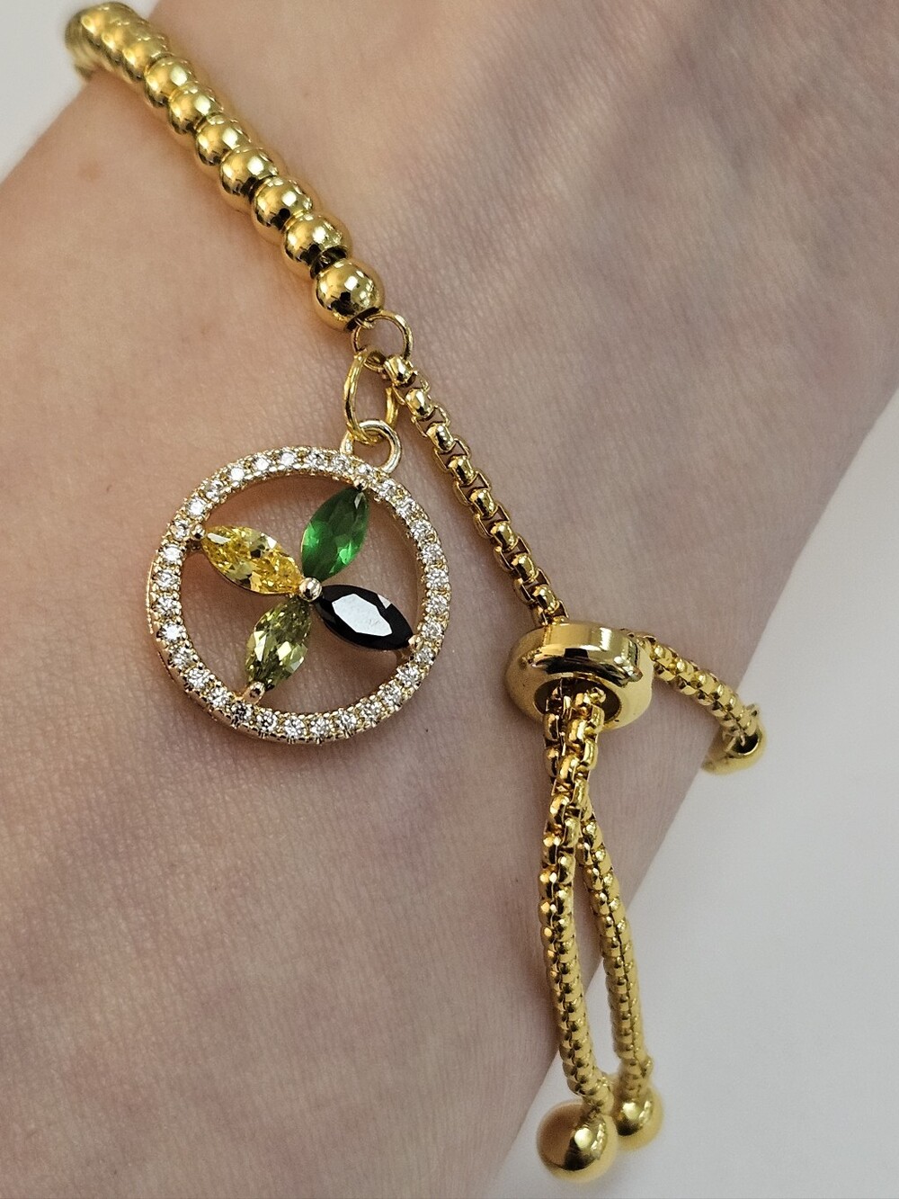 NEW Multicolor Crystal Halo Charm Gold Slider Bracelet Handmade